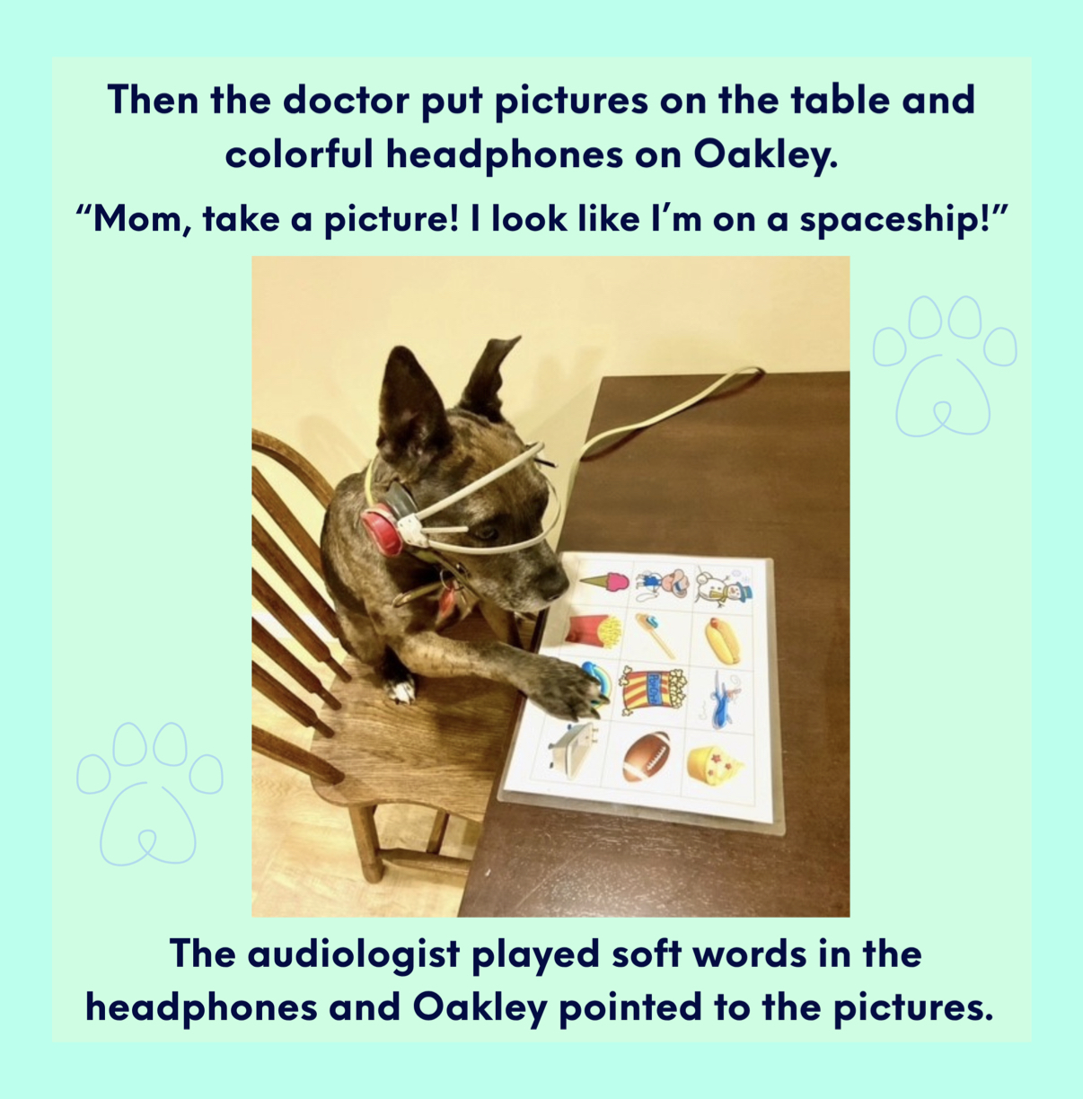 Book page: Oakley points to pictures during a hearing test